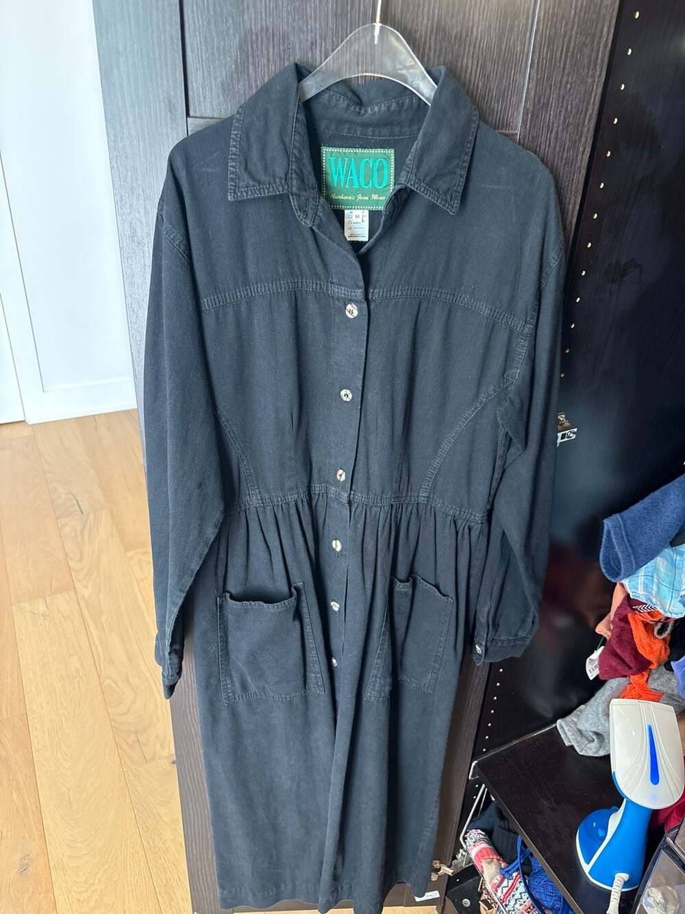 WACO Authentic Jean Wear Black Denim Button Down Midi Dress Size M